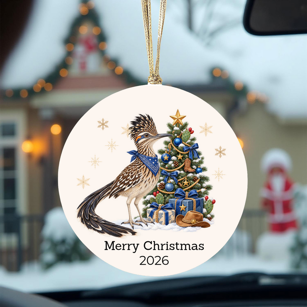 Personalized Roadrunner Christmas Ornament, Western Cowboy Cowgirl Decor, Blue or Pink, Custom Text and Year, Southwest Christmas Gift