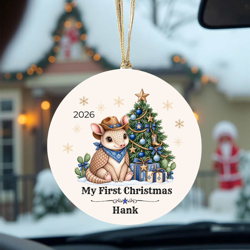 Personalized Baby Armadillo Christmas Ornament, Baby's First Christmas, Western Cowboy Cowgirl Baby Gift, Custom Name Year, Blue or Pink