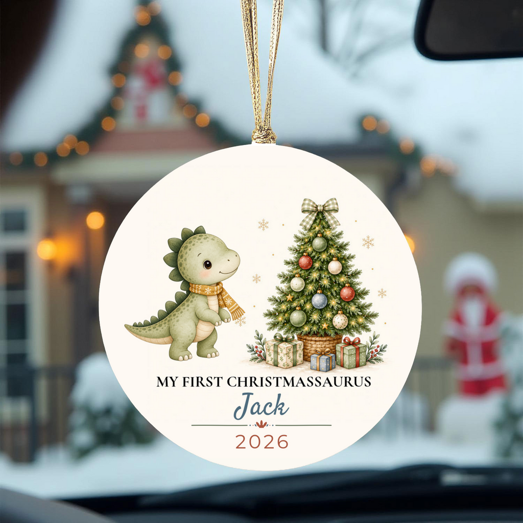Personalized Dinosaur Christmas Ornament, Baby Boy 1st 2nd 3rd Christmas, Custom Name Year, Christmassaurus Ceramic Keepsake