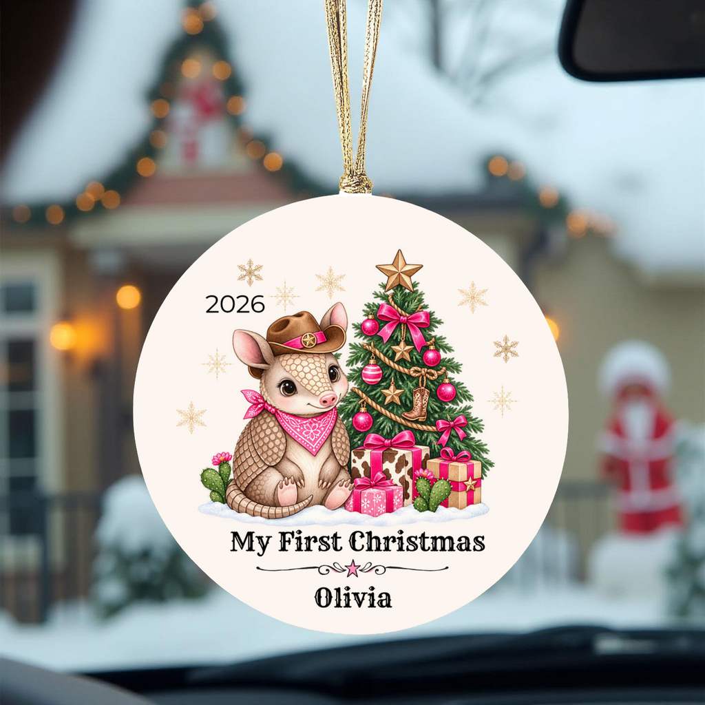 Personalized Baby Armadillo Christmas Ornament, Baby's First Christmas, Western Cowboy Cowgirl Baby Gift, Custom Name Year, Blue or Pink
