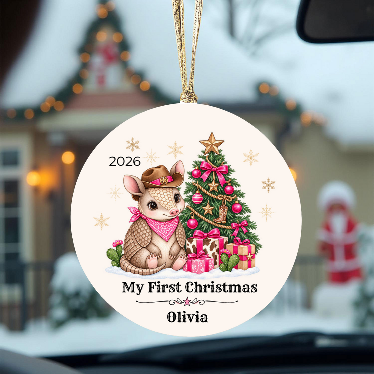 Personalized Baby Armadillo Christmas Ornament, Baby's First Christmas, Western Cowboy Cowgirl Baby Gift, Custom Name Year, Blue or Pink