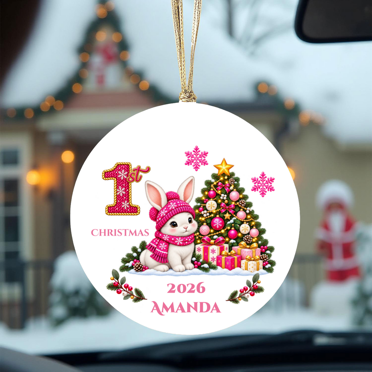 Baby Bunny Personalized Christmas Ornament. Baby's 1st 2nd 3rd Christmas, Custom Name Year Ceramic Keepsake, Girl Gift