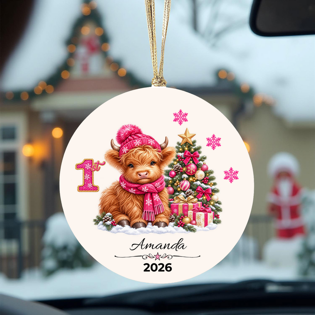 Personalized Christmas Ornament – Pink Girl Highland Cow First, Second, Third Christmas 2026, Custom Name Keepsake, 3 Inch Ceramic Holiday Decor