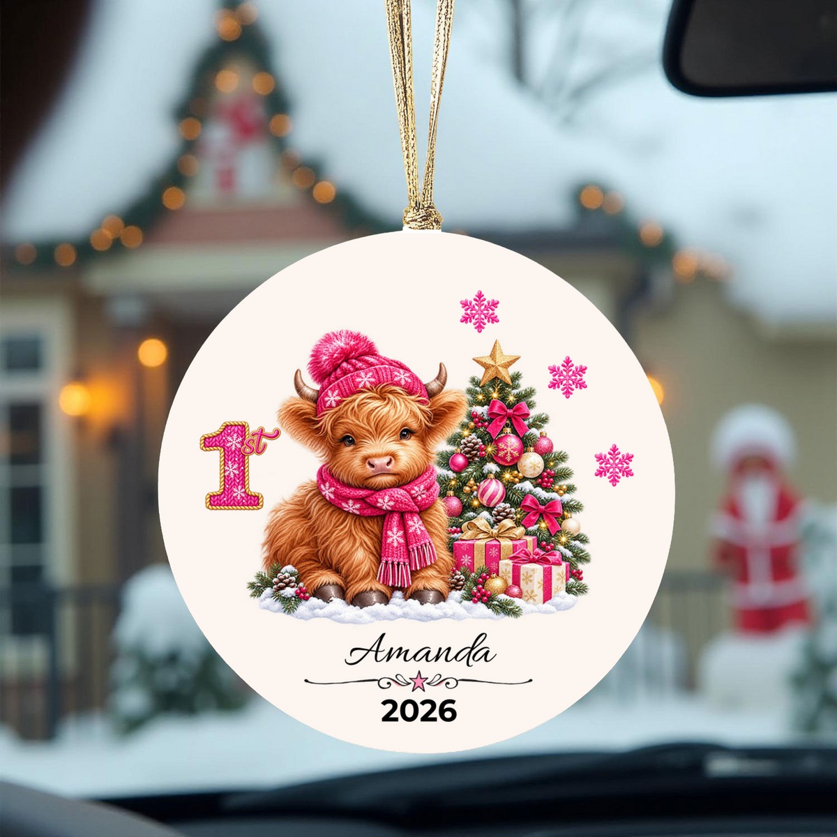 Personalized Christmas Ornament – Pink Girl Highland Cow First, Second, Third Christmas 2026, Custom Name Keepsake, 3 Inch Ceramic Holiday Decor