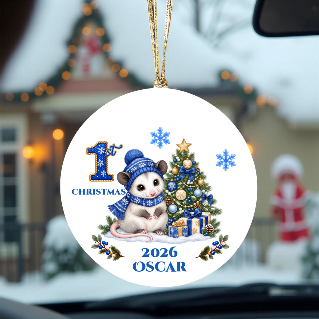 Opossum Baby Personalized Christmas Ornament, Baby's 1st 2nd 3rd Christmas, Custom Name Year Ceramic Keepsake, Boy Gift