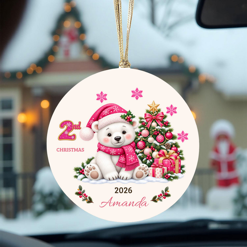 Personalized Baby Polar Bear Christmas Ornament, Baby's First Christmas, 1st–10th Christmas Keepsake, Custom Name and Year, Pink or Blue