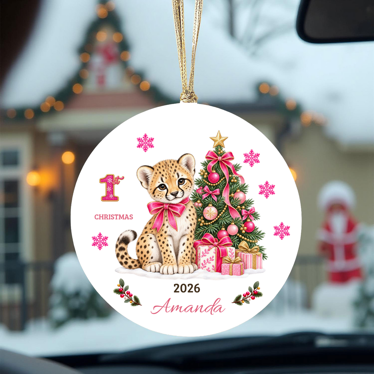 Personalized Baby Girl Cheetah Christmas Ornament, Baby's First Christmas, 1st–10th Year Keepsake, Custom Name and Year, Pink or Blue