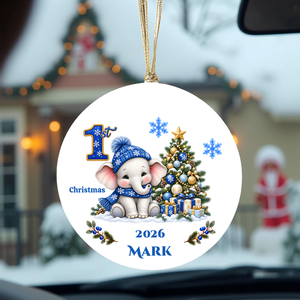 Elephant Baby Personalized Christmas Ornament, Baby's 1st 2nd 3rd Christmas, Custom Name Year Ceramic Keepsake, Girl Gift