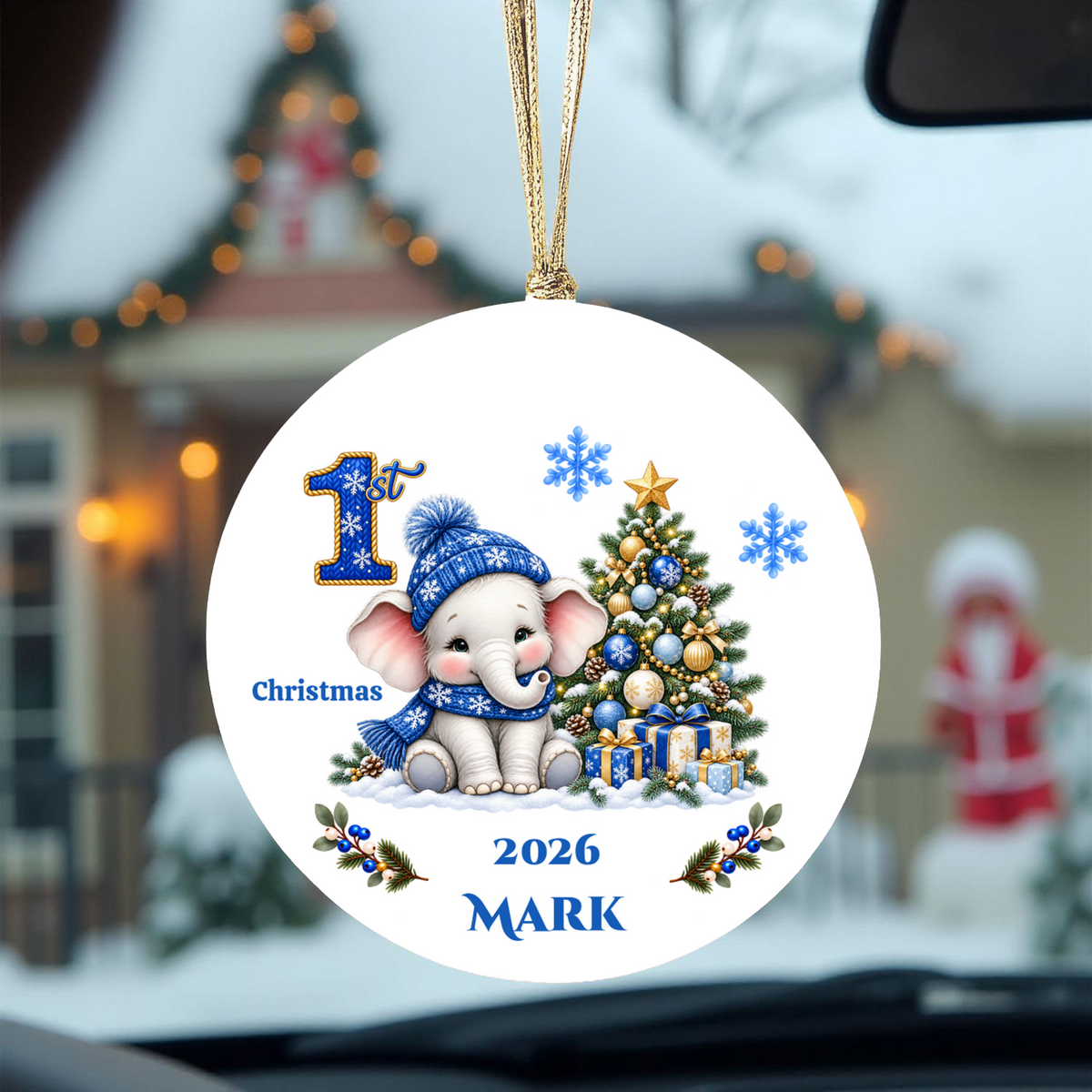 Elephant Baby Personalized Christmas Ornament, Baby's 1st 2nd 3rd Christmas, Custom Name Year Ceramic Keepsake, Girl Gift