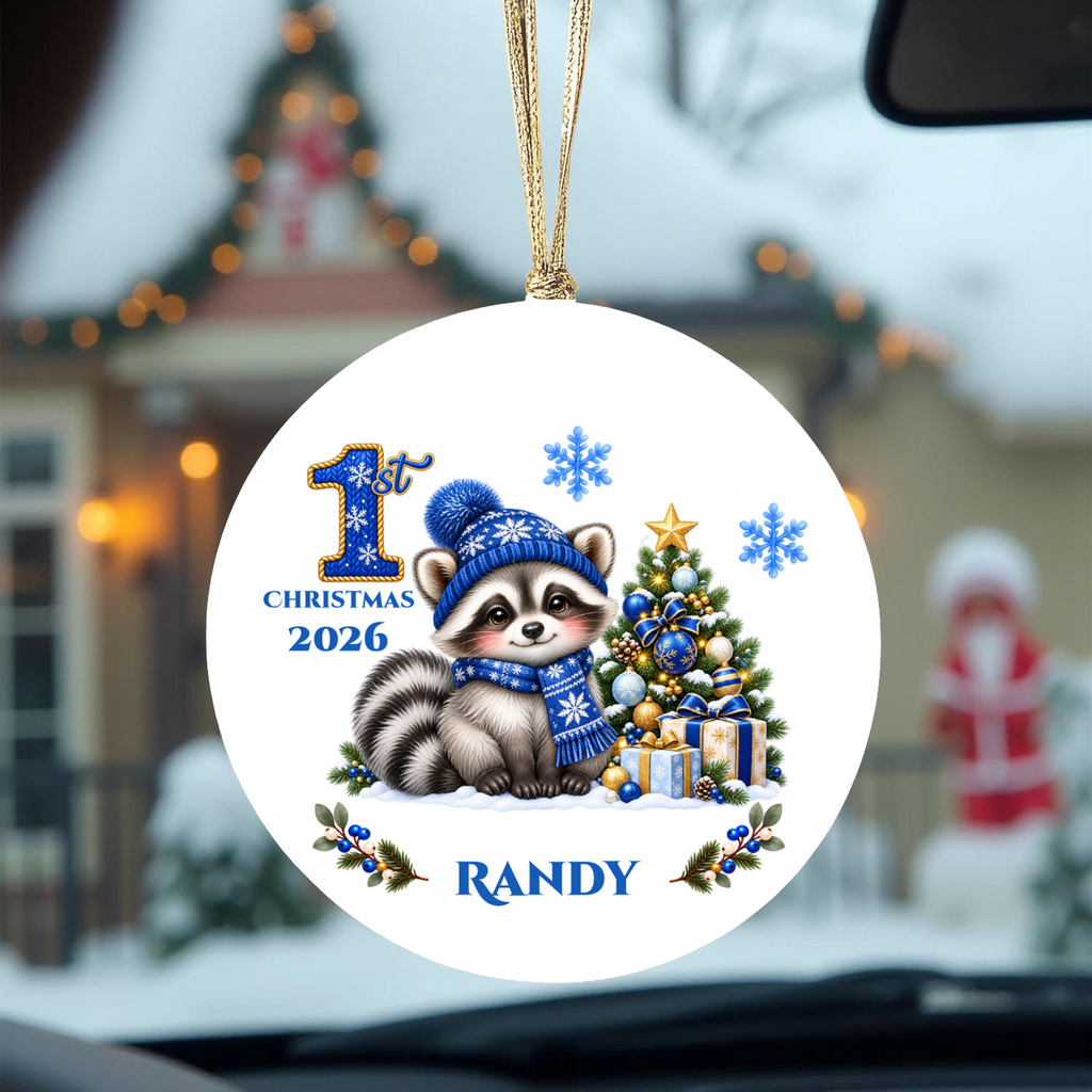 Christmas Raccoon Ornament, Woodland Animal Holiday Decor, Blue Winter Tree Ornament, Cute Wildlife Gift, Ceramic Tree Decoration 3 Inch