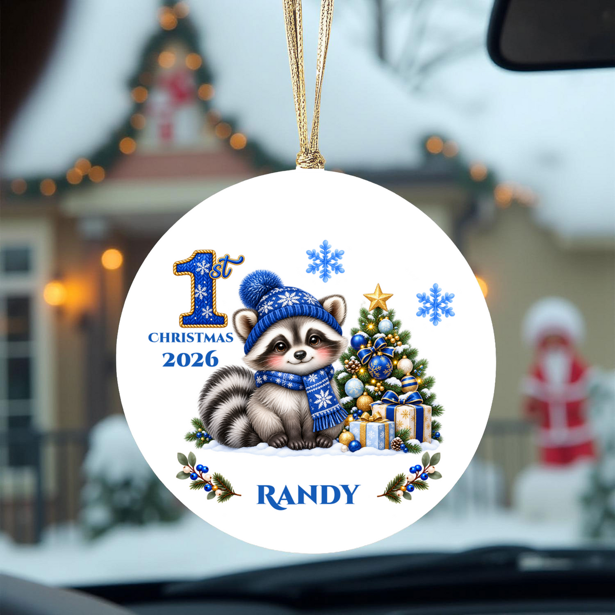 Christmas Raccoon Ornament, Woodland Animal Holiday Decor, Blue Winter Tree Ornament, Cute Wildlife Gift, Ceramic Tree Decoration 3 Inch