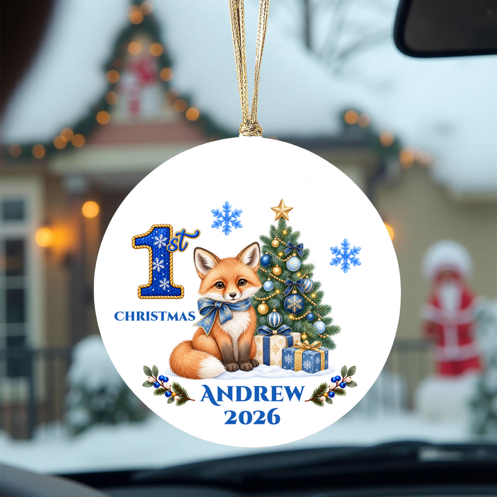 Fox Baby Personalized Christmas Ornament, Baby's 1st 2nd 3rd Christmas, Custom Name Year Ceramic Keepsake