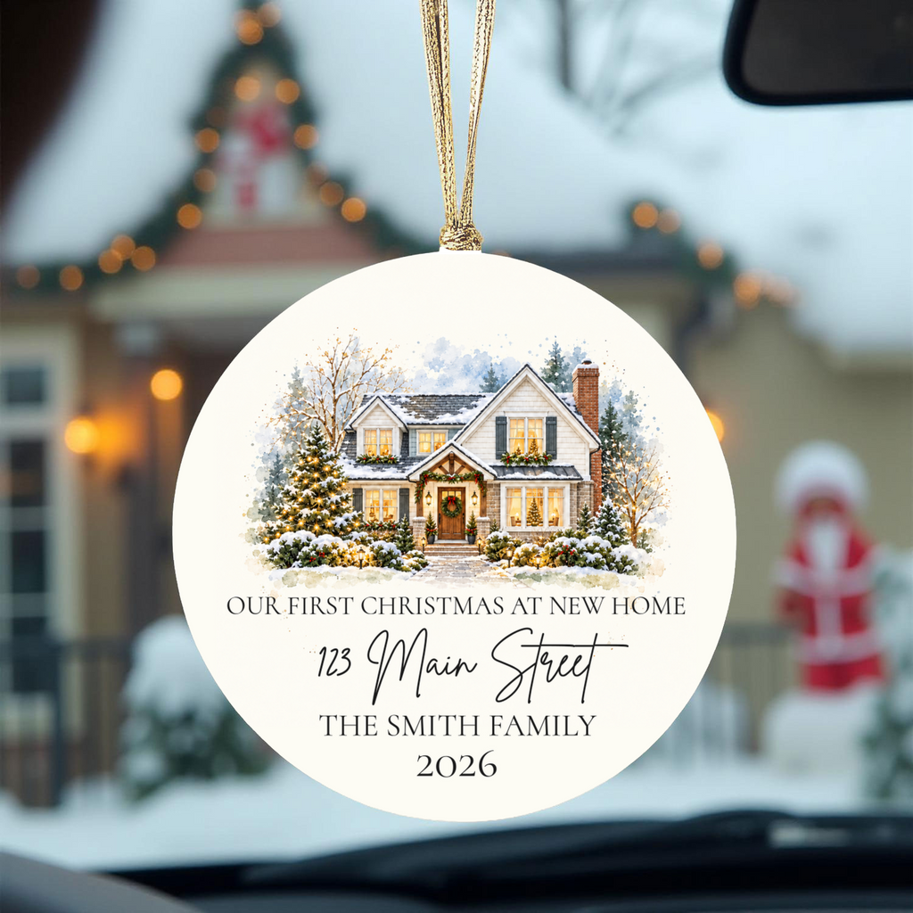 Custom House Photo Christmas Ornament, Personalized First Christmas in New Home, Watercolor House Portrait, Address Family Name Ceramic Gift
