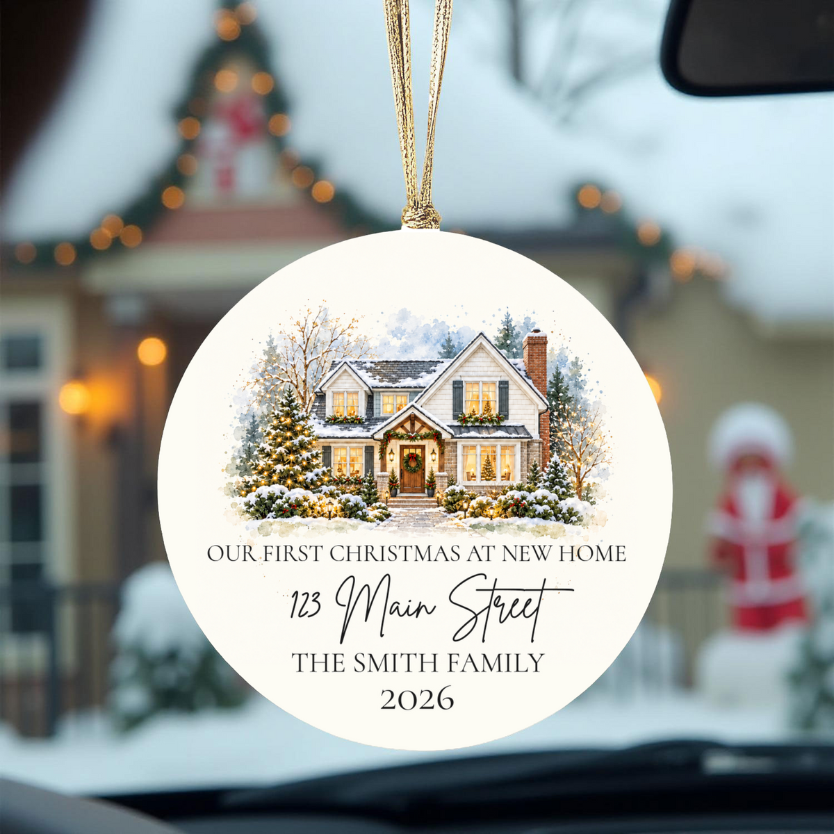 Custom House Photo Christmas Ornament, Personalized First Christmas in New Home, Watercolor House Portrait, Address Family Name Ceramic Gift