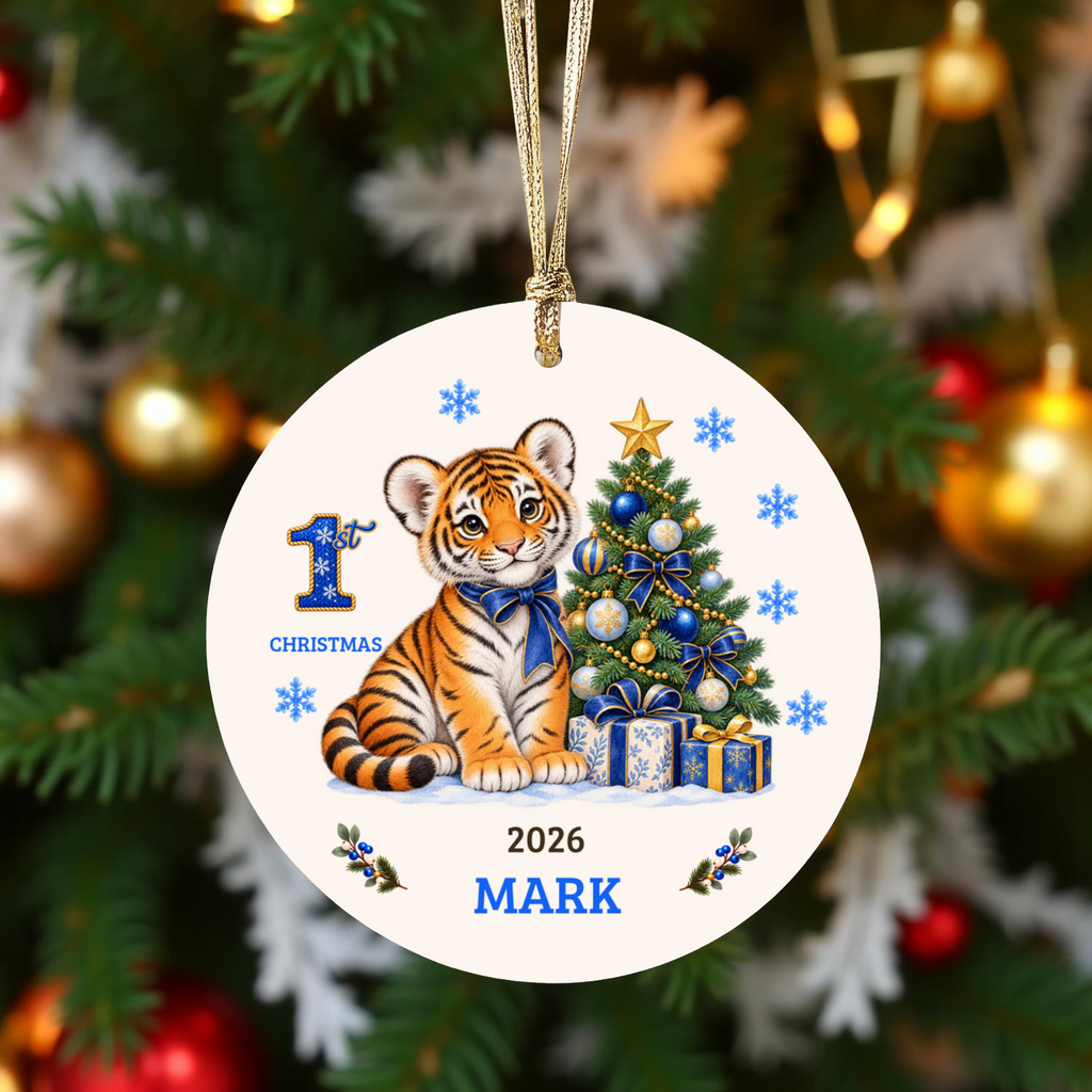 Personalized Baby Tiger Christmas Ornament, Baby's 1st to 10th Christmas Keepsake, Custom Name and Year, Pink or Blue, Ceramic Gift