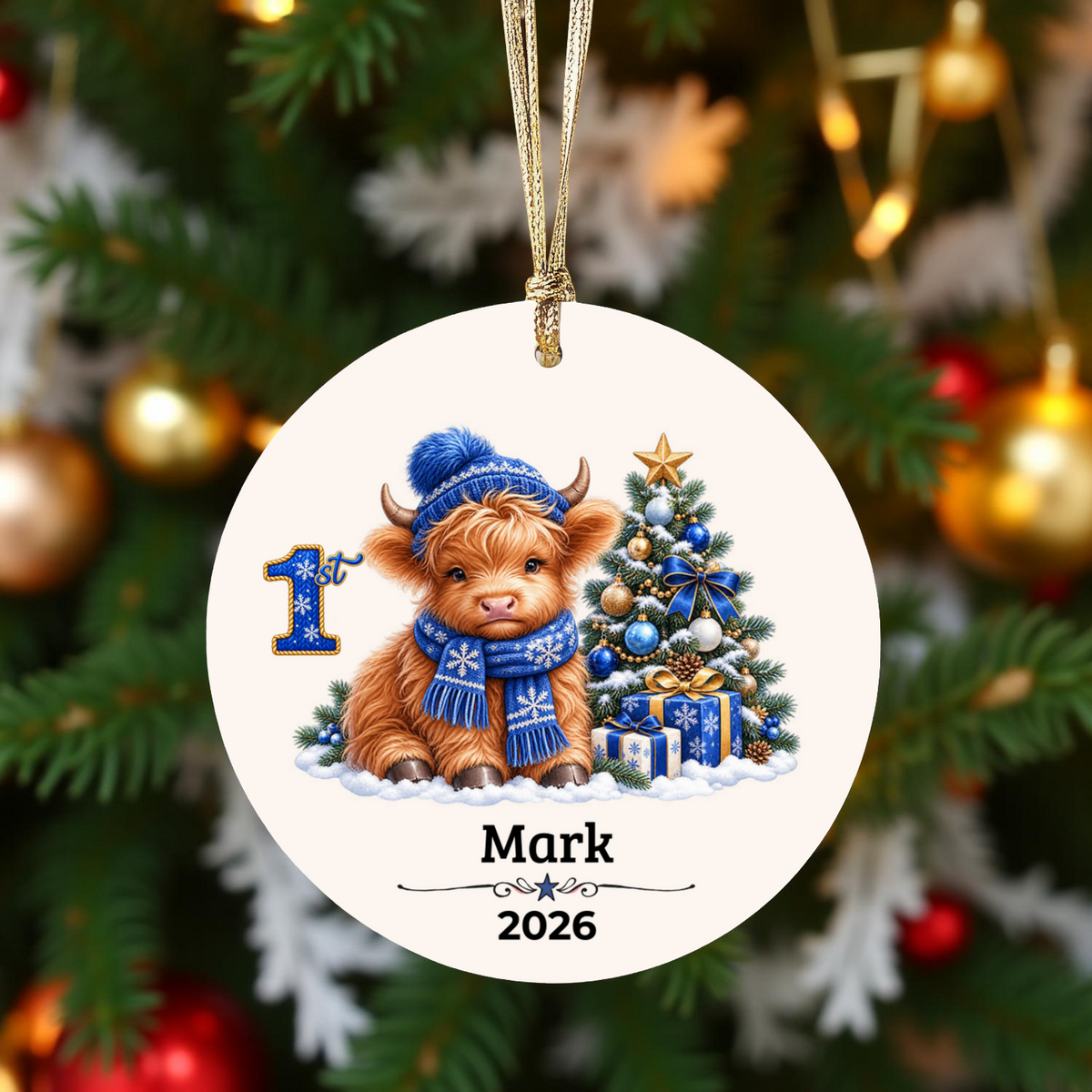 Personalized Christmas Ornament – Pink or Blue Highland Cow First, Second, Third Christmas 2026, Custom Name Keepsake, 3 Inch Ceramic Holiday Decor
