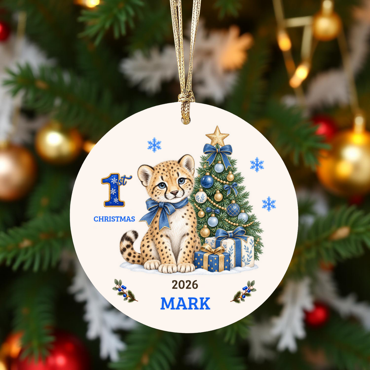 Personalized Baby Cheetah Christmas Ornament, Baby's First Christmas, 1st–10th Year Keepsake, Custom Name and Year, Pink or Blue