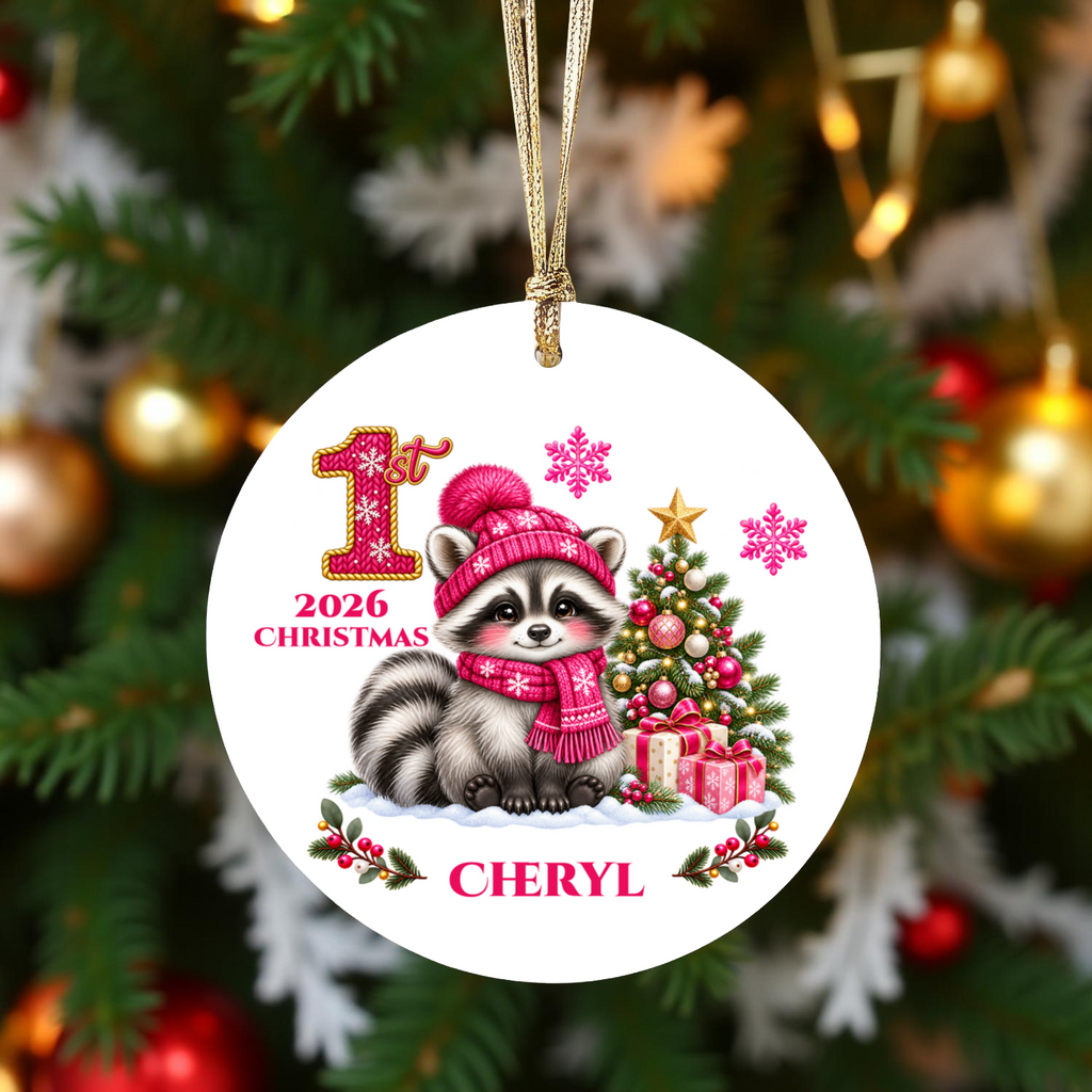 Baby Raccoon Personalized Christmas Ornament, First Christmas Keepsake, Pink Winter Animal Ceramic Tree Decoration, New Baby Gift 2026