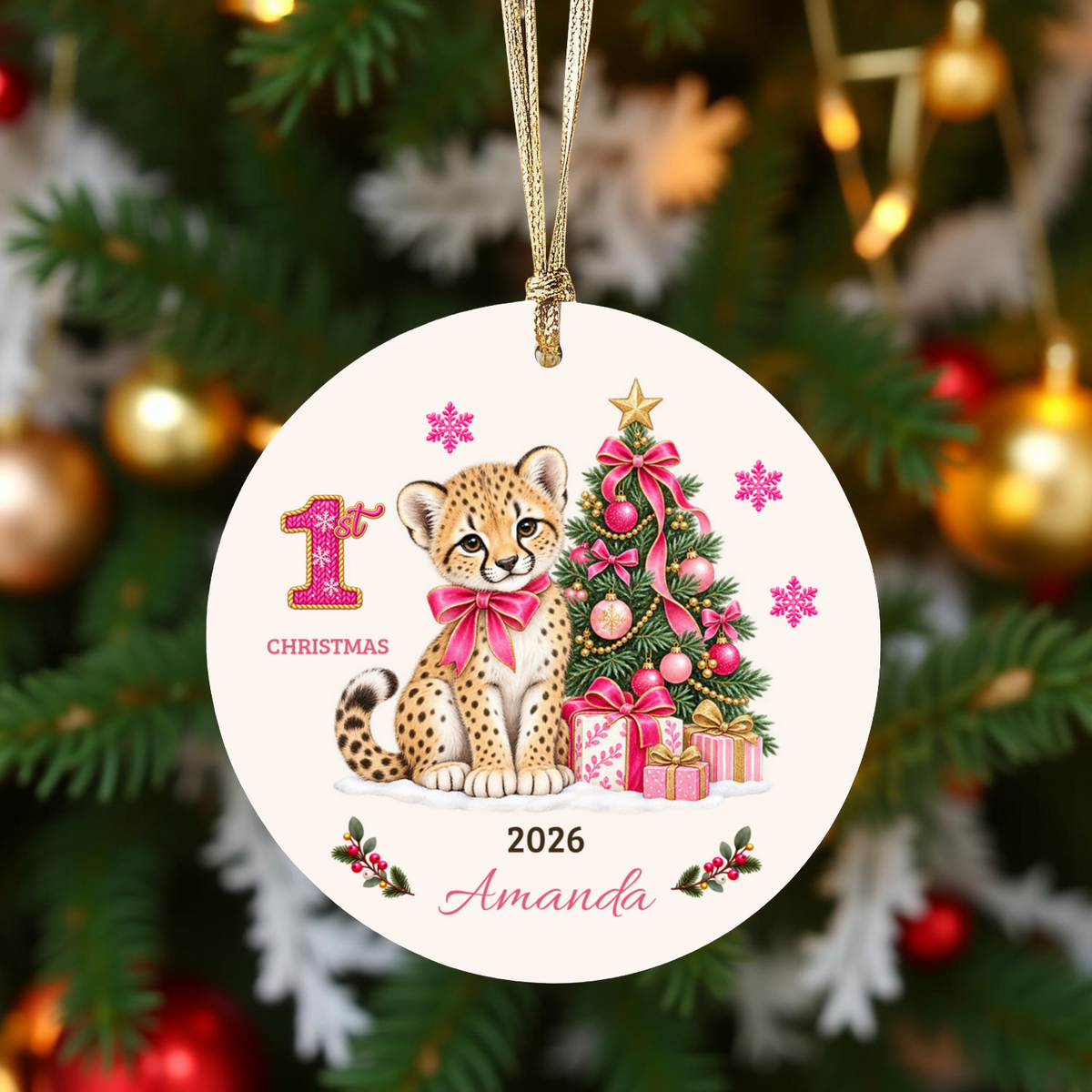 Personalized Baby Cheetah Christmas Ornament, Baby's First Christmas, 1st–10th Year Keepsake, Custom Name and Year, Pink or Blue