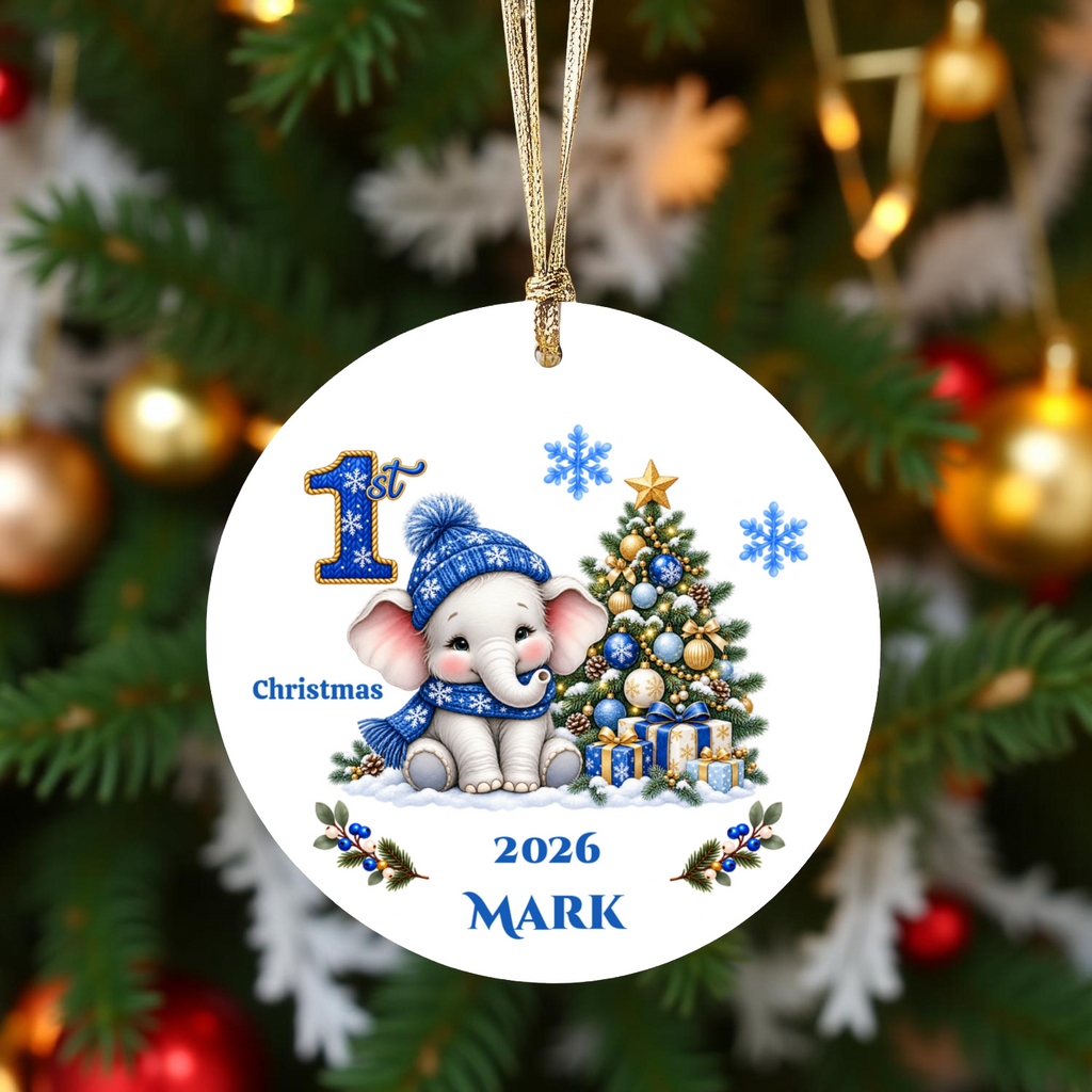 Elephant Baby Personalized Christmas Ornament, Baby's 1st 2nd 3rd Christmas, Custom Name Year Ceramic Keepsake, Girl Gift