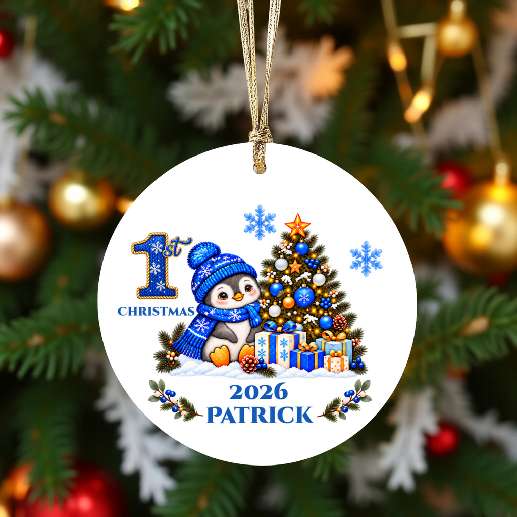 Penguin Baby Personalized Christmas Ornament, Baby's 1st 2nd 3rd Christmas, Custom Name Year Ceramic Keepsake, Boy or Girl Gift