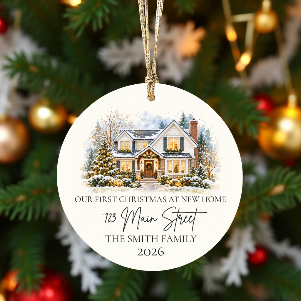 Custom House Photo Christmas Ornament, Personalized First Christmas in New Home, Watercolor House Portrait, Address Family Name Ceramic Gift