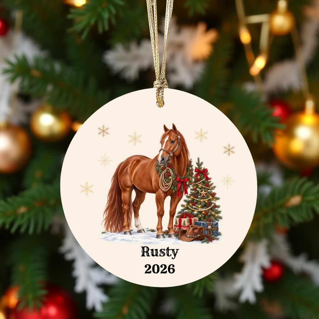 Personalized Horse Christmas Ornament, Custom Horse Photo Portrait, Western Cowboy Ceramic Ornament, Horse Name and Year, Equestrian Gift