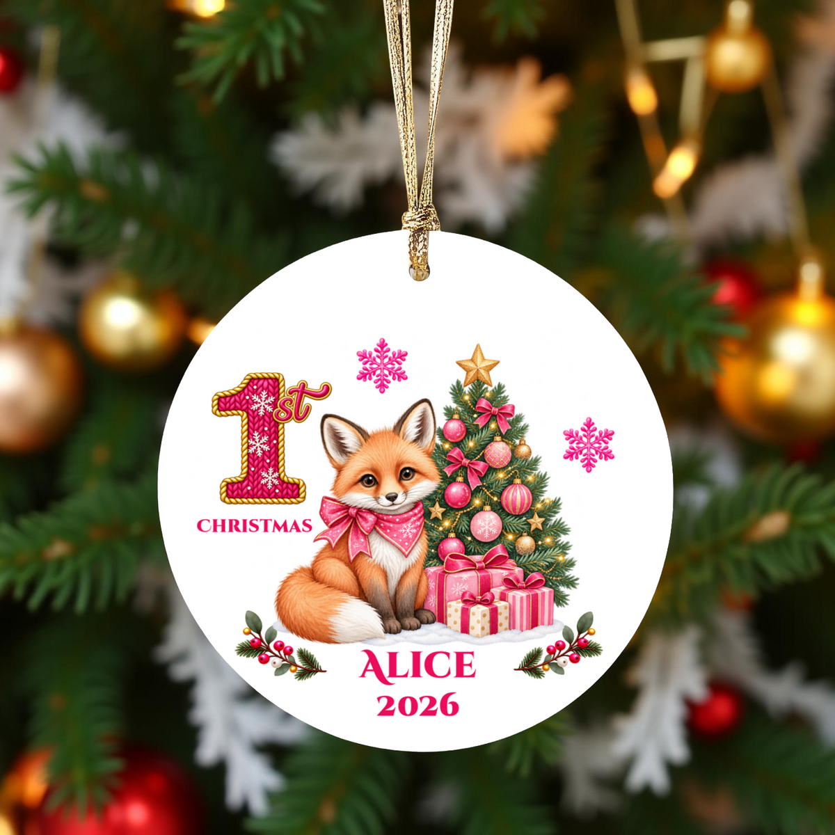 Fox Baby Personalized Christmas Ornament, Baby's 1st 2nd 3rd Christmas, Custom Name Year Ceramic Keepsake