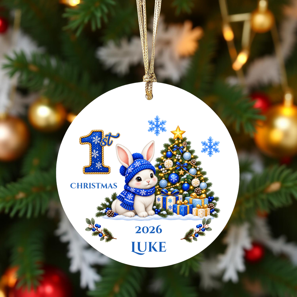 Baby Bunny Personalized Christmas Ornament. Baby's 1st 2nd 3rd Christmas, Custom Name Year Ceramic Keepsake, Girl Gift