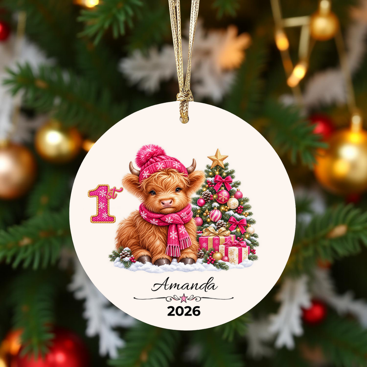 Personalized Christmas Ornament – Pink or Blue Highland Cow First, Second, Third Christmas 2026, Custom Name Keepsake, 3 Inch Ceramic Holiday Decor