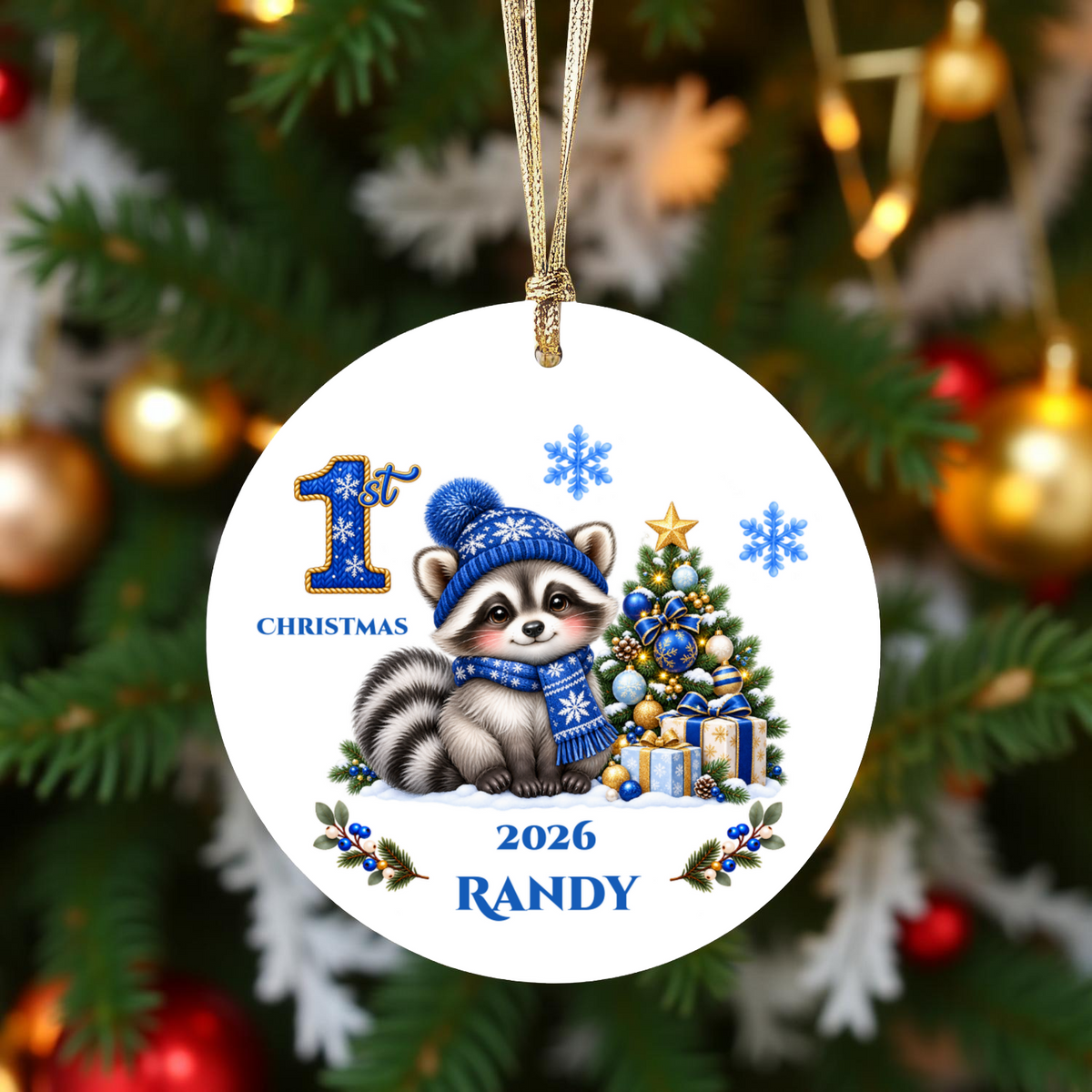 Baby Raccoon Personalized Christmas Ornament, First Christmas Keepsake, Pink Winter Animal Ceramic Tree Decoration, New Baby Gift 2026
