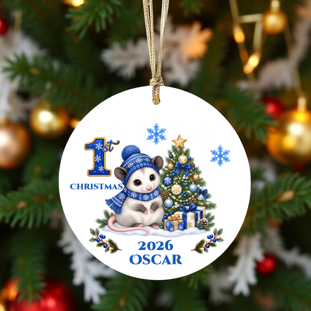 Opossum Baby Personalized Christmas Ornament, Baby's 1st 2nd 3rd Christmas, Custom Name Year Ceramic Keepsake, Boy Gift