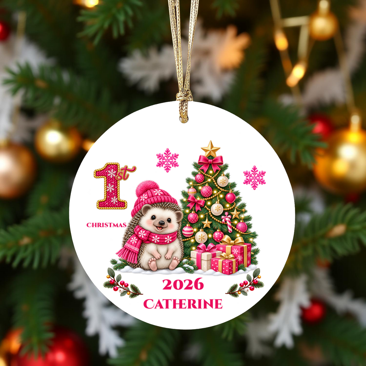 Hedgehog Baby Personalized Christmas Ornament, Baby's 1st 2nd 3rd Christmas, Custom Name Year Ceramic Keepsake