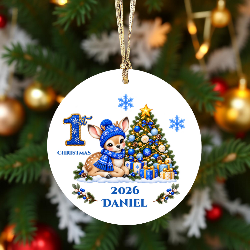 Fawn Baby Personalized Christmas Ornament, Baby's 1st 2nd 3rd Christmas, Custom Name Year Ceramic Keepsake, Boy or Girl Gift