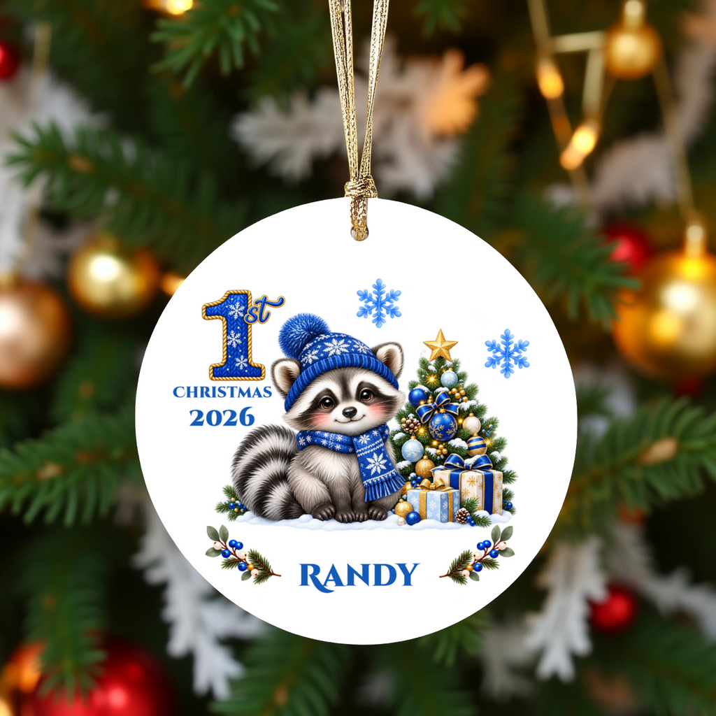 Christmas Raccoon Ornament, Woodland Animal Holiday Decor, Blue Winter Tree Ornament, Cute Wildlife Gift, Ceramic Tree Decoration 3 Inch