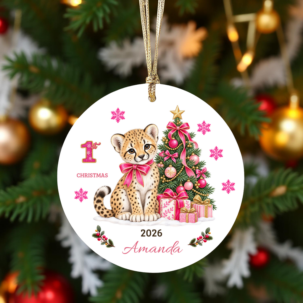 Personalized Baby Girl Cheetah Christmas Ornament, Baby's First Christmas, 1st–10th Year Keepsake, Custom Name and Year, Pink or Blue