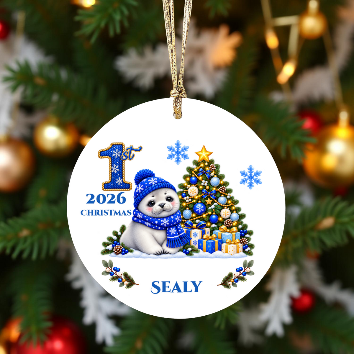 Seal Pup Personalized Baby's 1st 2nd 3rd Christmas Ceramic Keepsake Ornament, Custom Name Year, Boy Gift