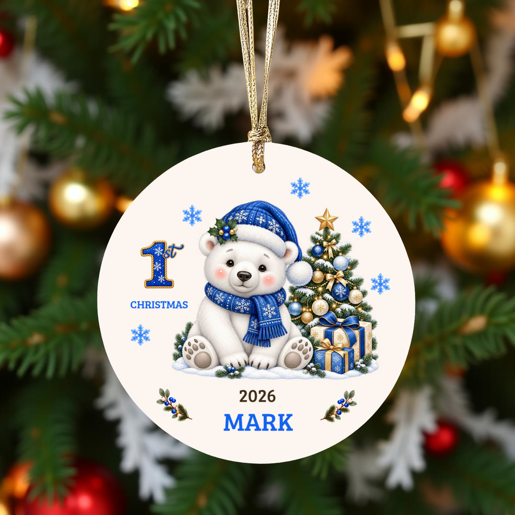 Personalized Baby Polar Bear Christmas Ornament, Baby's First Christmas, 1st–10th Christmas Keepsake, Custom Name and Year, Pink or Blue
