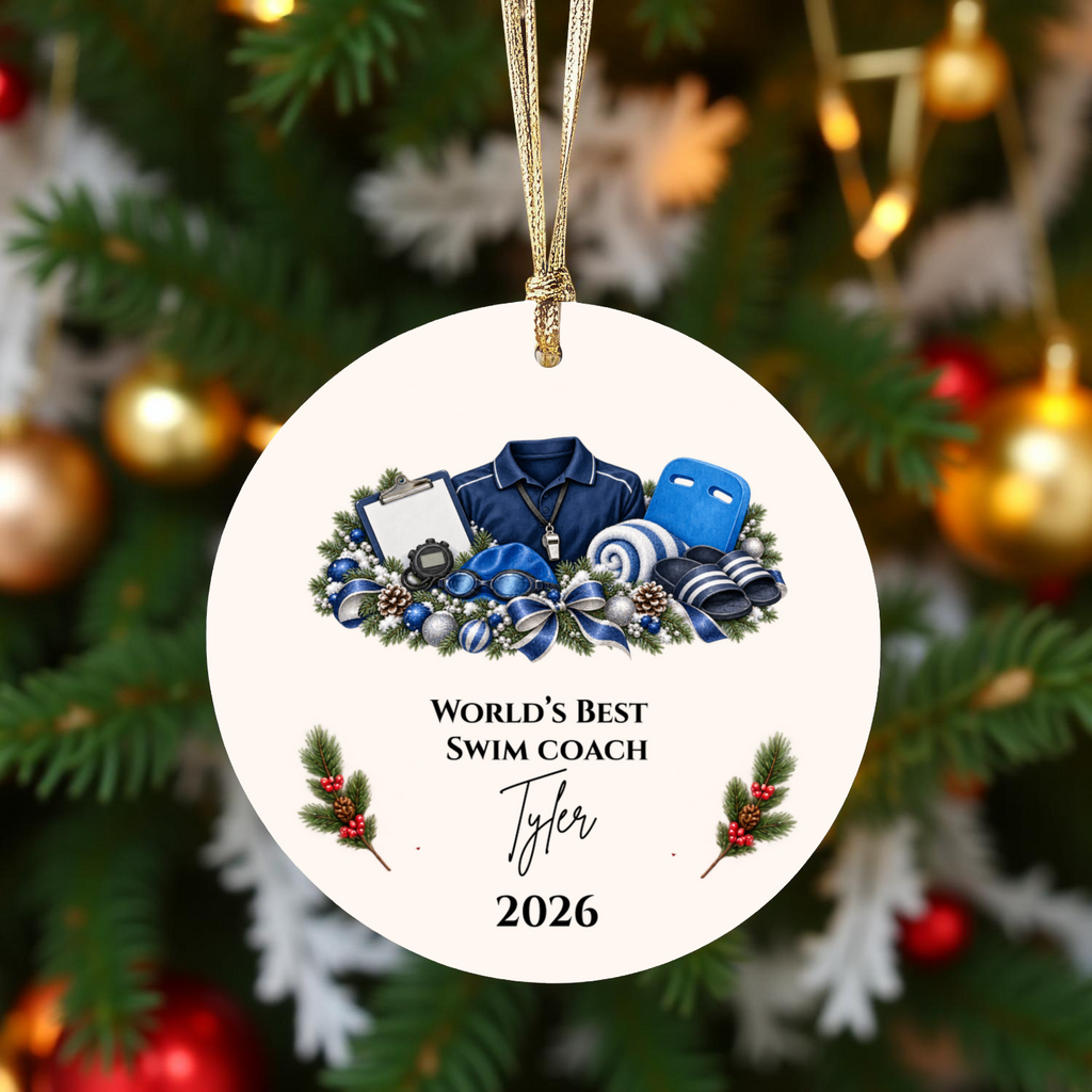 Personalized Swim Coach Ornament, Swimming Coach Christmas Gift, Custom Coach Appreciation Keepsake, Swim Team Gift, Name and Year