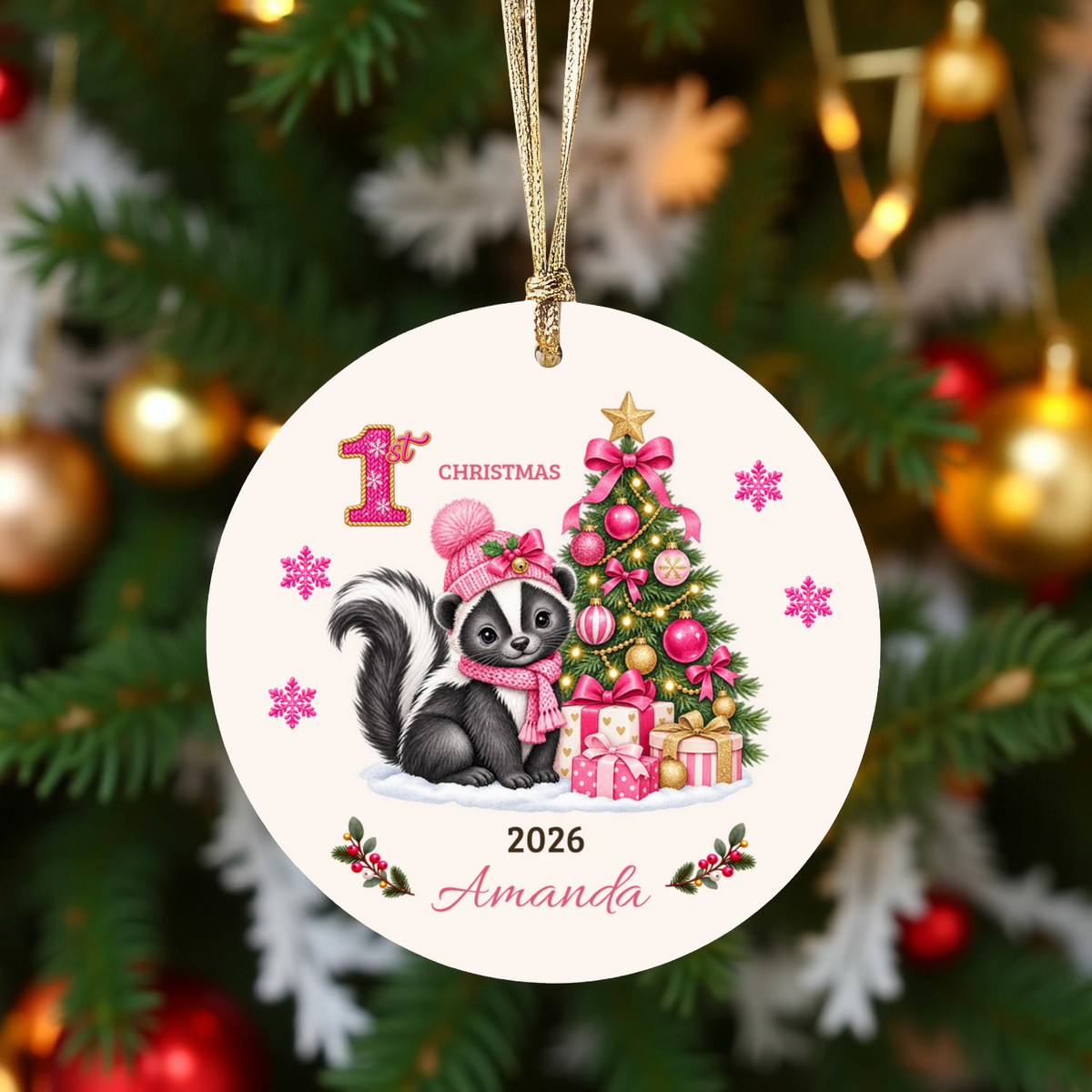 Personalized Baby Skunk Christmas Ornament, Baby's First Christmas, 1st–10th Christmas Keepsake, Custom Name and Year, Pink or Blue