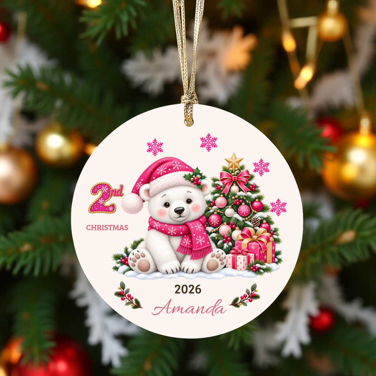Personalized Baby Polar Bear Christmas Ornament, Baby's First Christmas, 1st–10th Christmas Keepsake, Custom Name and Year, Pink or Blue