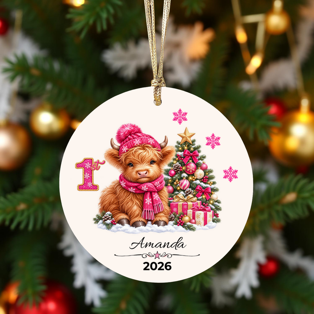 Personalized Christmas Ornament – Pink Girl Highland Cow First, Second, Third Christmas 2026, Custom Name Keepsake, 3 Inch Ceramic Holiday Decor