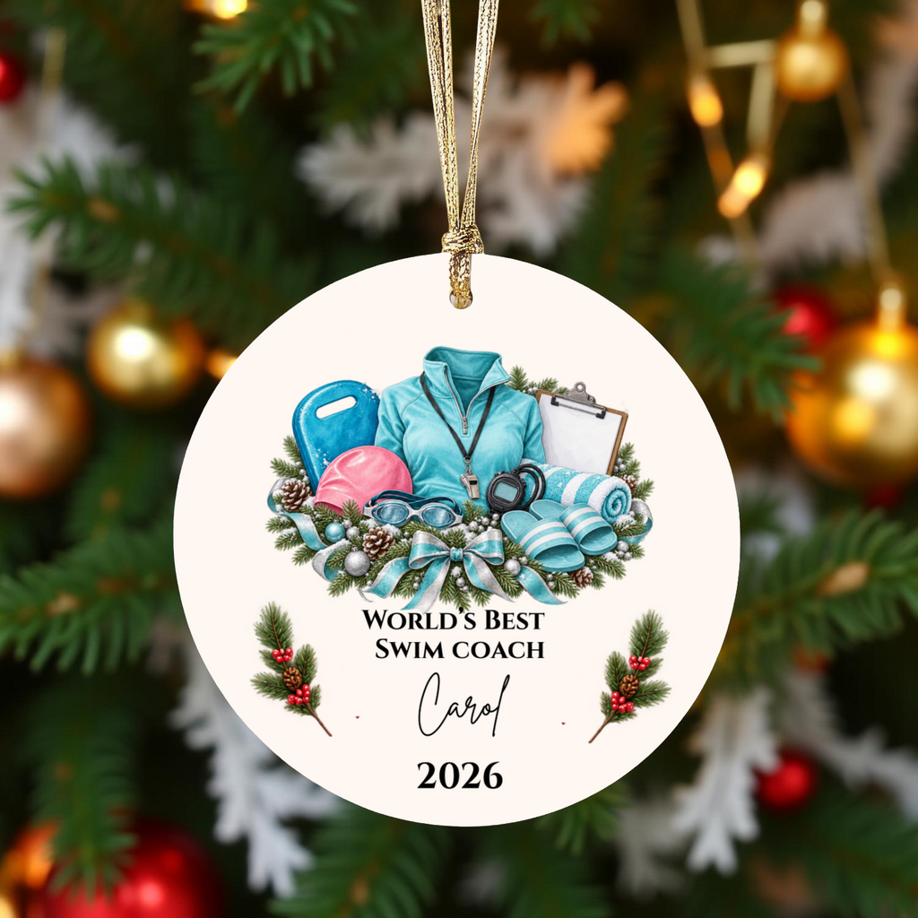 Personalized Swim Coach Ornament, Swimming Coach Christmas Gift, Custom Coach Appreciation Keepsake, Swim Team Gift, Name and Year