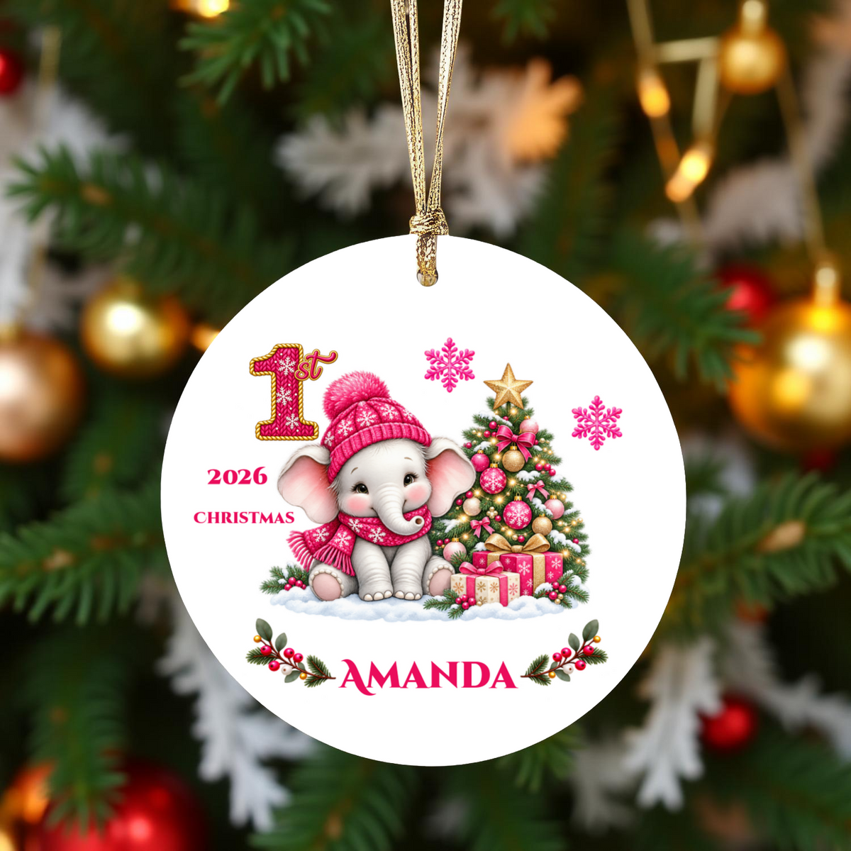 Elephant Baby Personalized Christmas Ornament Pink, Baby's 1st 2nd 3rd Christmas, Custom Name Year Ceramic Keepsake, Girl Gift