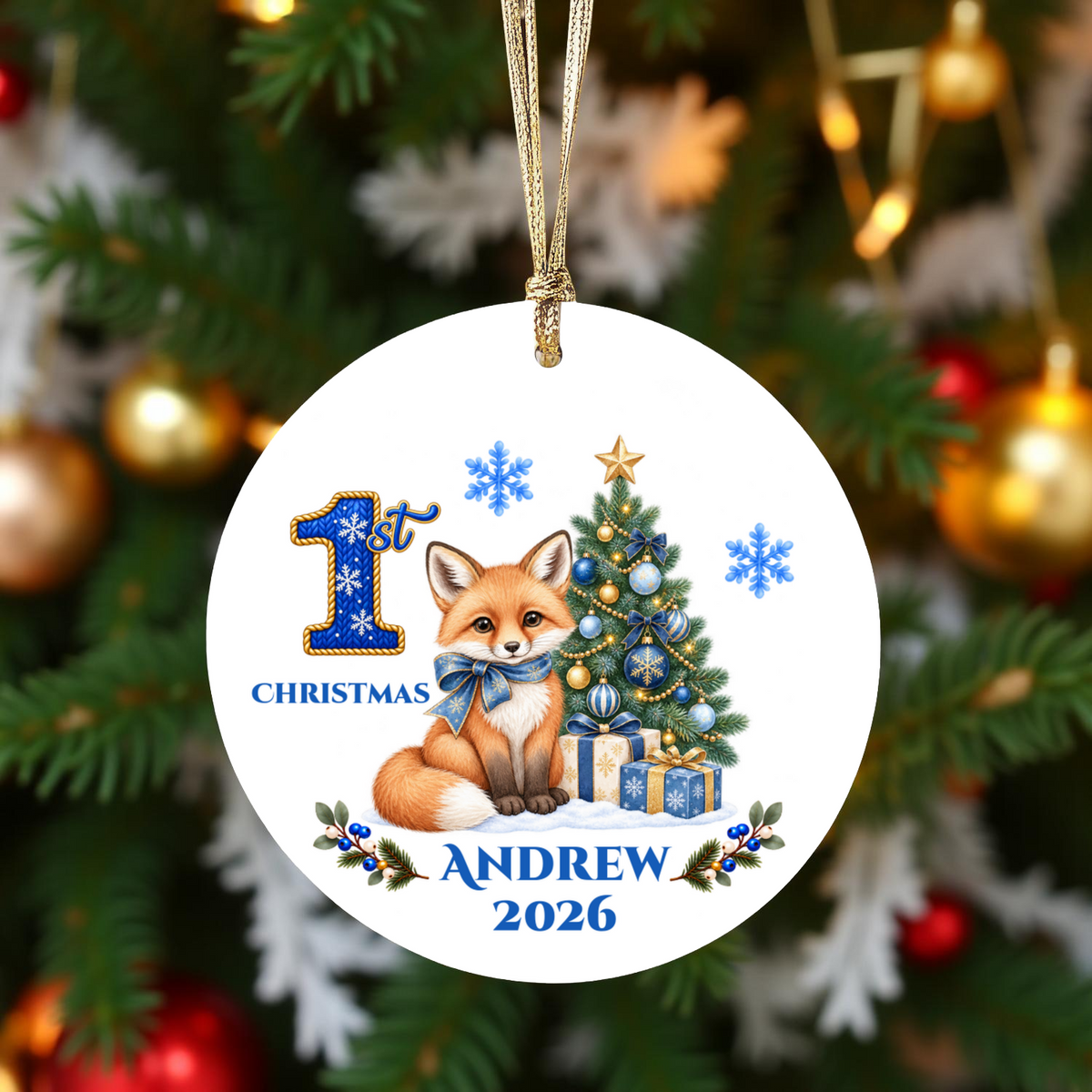 Fox Baby Personalized Christmas Ornament, Baby's 1st 2nd 3rd Christmas, Custom Name Year Ceramic Keepsake
