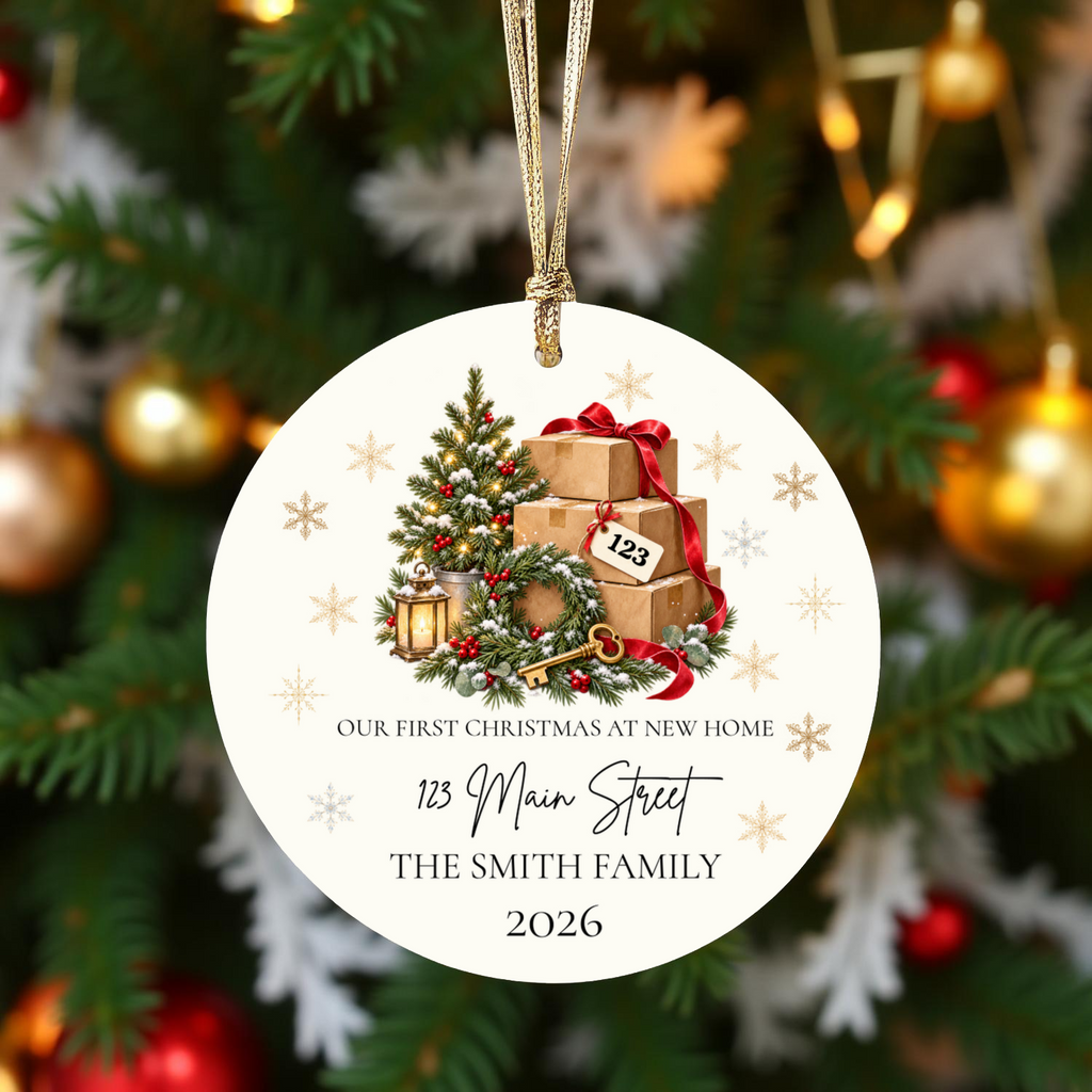 Personalized First Christmas in New Home Ornament, Custom Address Christmas Decoration, Moving Boxes Ornament, New Homeowner Housewarming Gift