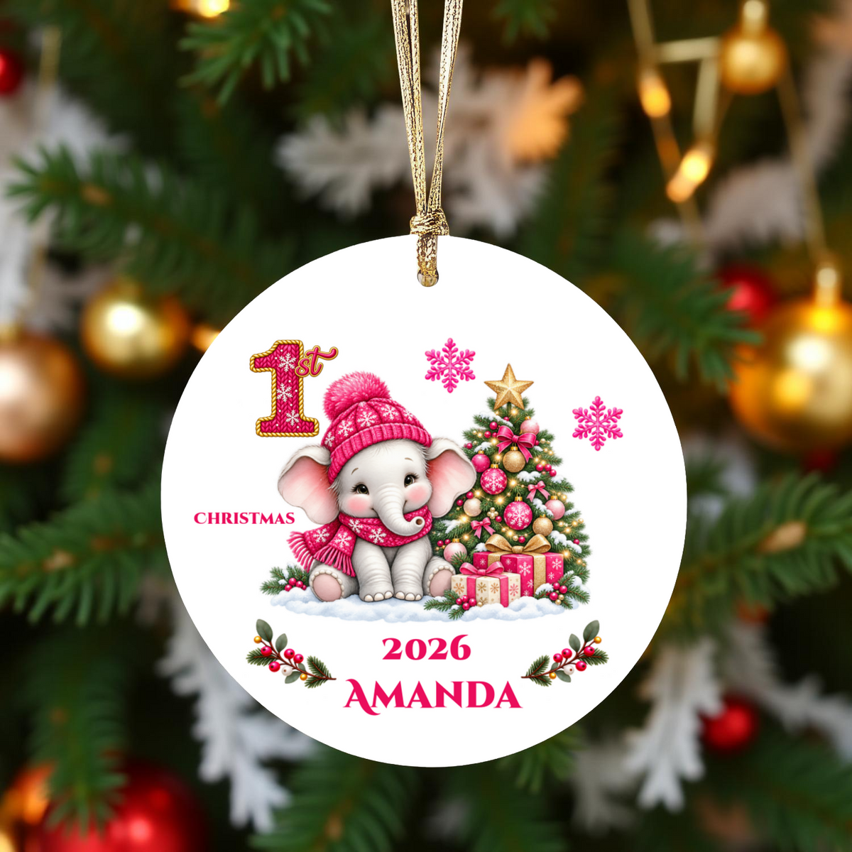 Elephant Baby Personalized Christmas Ornament, Baby's 1st 2nd 3rd Christmas, Custom Name Year Ceramic Keepsake, Girl Gift