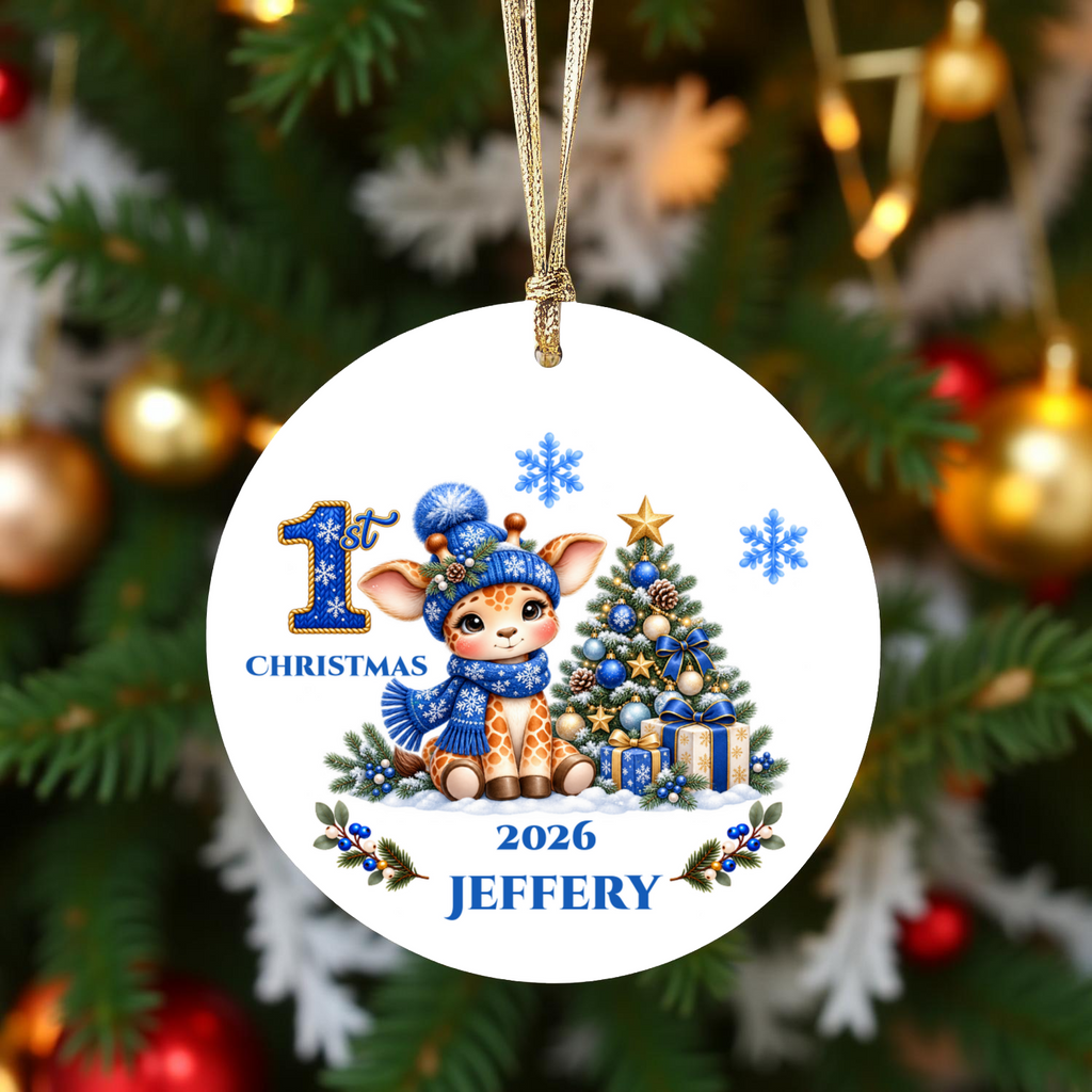 Giraffe Baby Personalized Christmas Ornament, Baby's 1st 2nd 3rd Christmas, Custom Name Year Ceramic Keepsake, Boy or Girl Gift