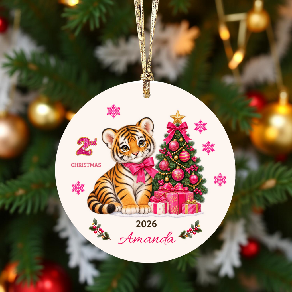 Personalized Baby Tiger Christmas Ornament, Baby's 1st to 10th Christmas Keepsake, Custom Name and Year, Pink or Blue, Ceramic Gift