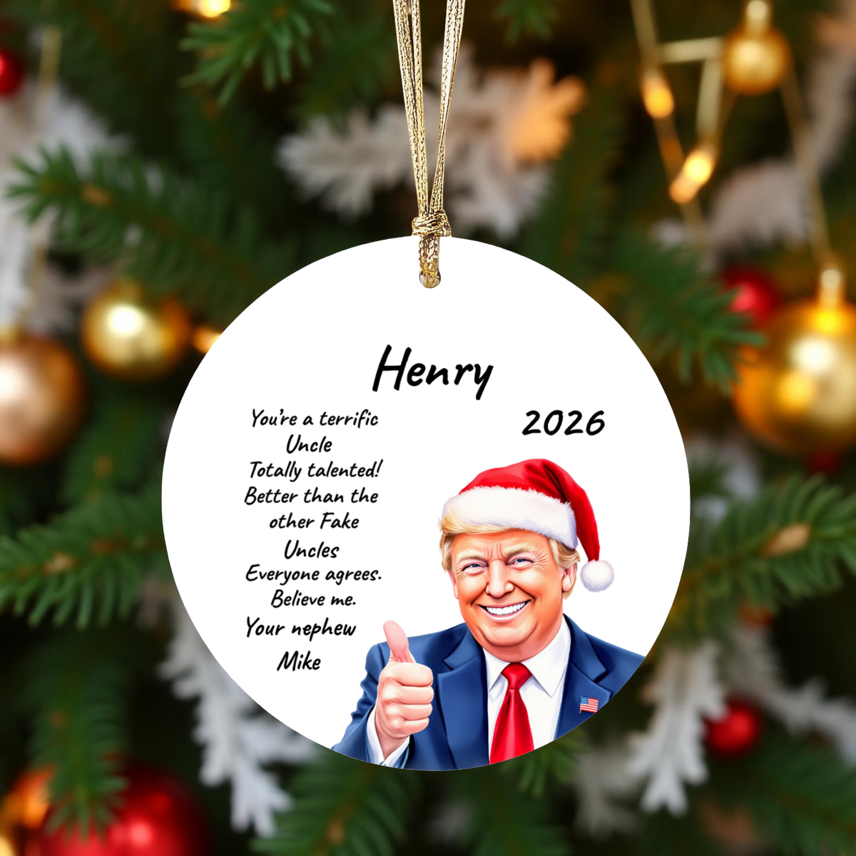 Personalized Trump Christmas Ornament, Funny Santa Hat Trump Gift, Custom Name Year and Relationship, 3 Inch Ceramic Holiday Keepsake